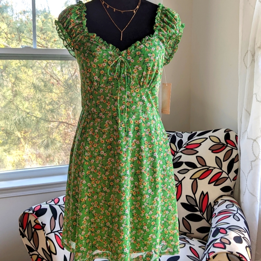 🔴SOLD🔴Vintage French Green Floral Print Mini Dress Size L - Picture 14 of 15